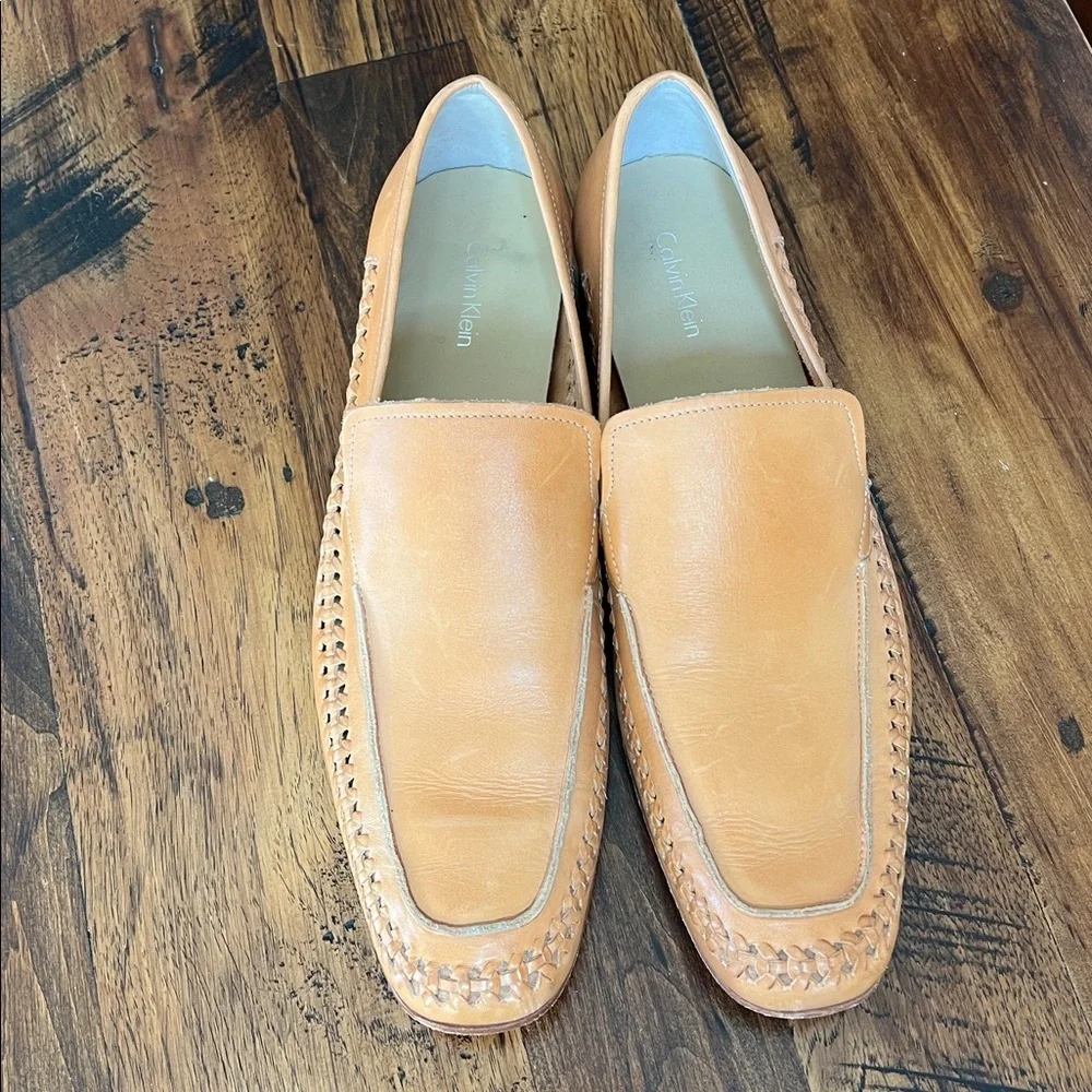 Calvin Klein Men’s 12 Tan Leather Loafers Weaved Beachy